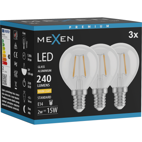 Mexen Vintis 3x LED Filament Bulb E14, G45, 2W, Warm - 2700K, 240 lm, clear - L156-E14-0227-00x03