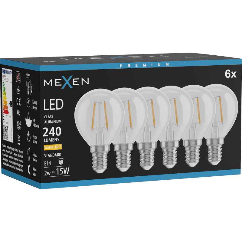 Mexen Vintis 6x LED Filament Bulb E14, G45, 2W, Warm - 2700K, 240 lm, clear - L156-E14-0227-00x06