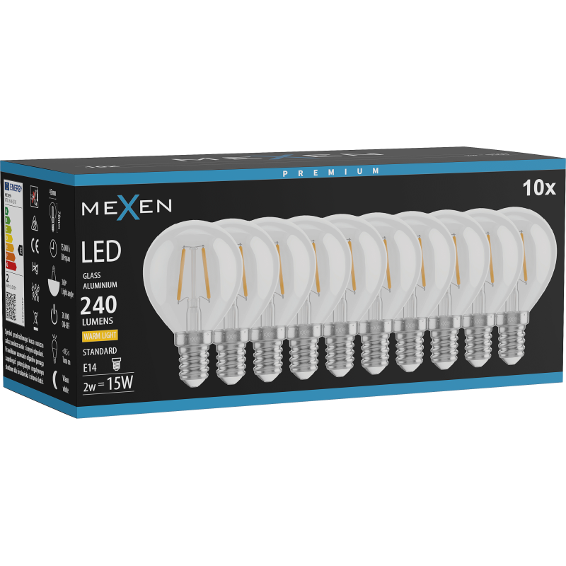 Mexen Vintis 10x LED filament bulb E14, G45, 2W, Warm - 2700K, 240 lm, clear - L156-E14-0227-00x10