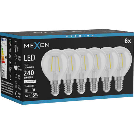 Mexen Vintis 6x LED Filament Bulb E14, G45, 2W, Neutral - 4000K, 240 lm, clear - L156-E14-0240-00x06