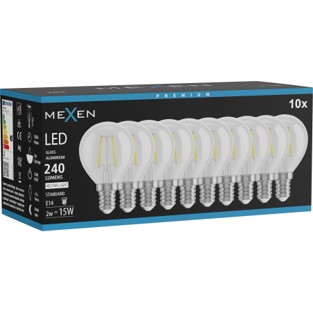 Mexen Vintis 10x LED Filament Bulb E14, G45, 2W, Neutral - 4000K, 240 lm, clear - L156-E14-0240-00x10