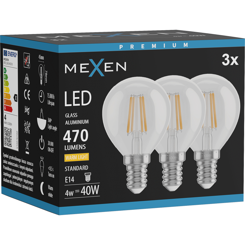 Mexen Vintis 3x LED Filament Bulb E14, G45, 4W, Warm - 2700K, 470 lm, clear - L156-E14-0427-00x03