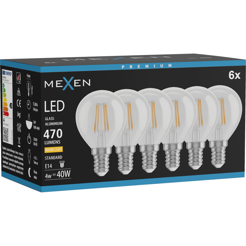 Mexen Vintis 6x LED Filament Bulb E14, G45, 4W, Warm - 2700K, 470 lm, clear - L156-E14-0427-00x06