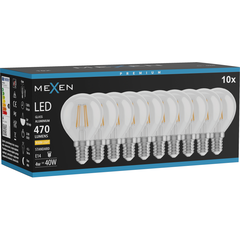 Mexen Vintis 10x LED Filament Bulb E14, G45, 4W, Warm - 2700K, 470 lm, clear - L156-E14-0427-00x10