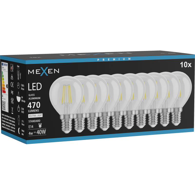 Mexen Vintis 10x LED Filament Bulb E14, G45, 4W, Neutral - 4000K, 470 lm, clear - L156-E14-0427-00x10 - L156-E14-0440-00x10