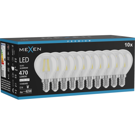 Mexen Vintis 10x LED Filament Bulb E14, G45, 4W, Neutral - 4000K, 470 lm, clear - L156-E14-0427-00x10 - L156-E14-0440-00x10
