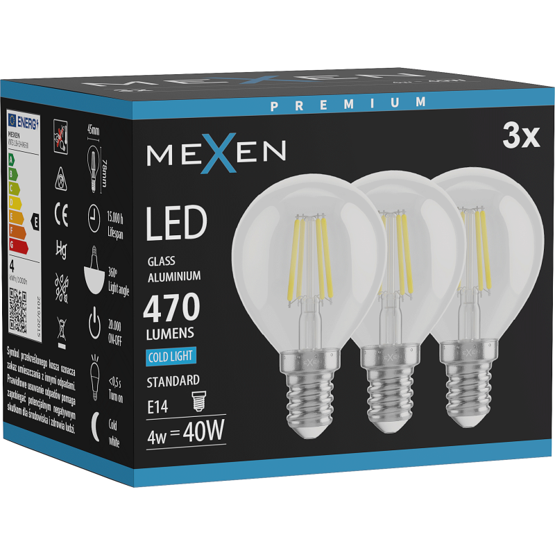 Mexen Vintis 3x LED Filament Bulb E14, G45, 4W, Cool - 6500K, 470 lm, clear - L156-E14-0465-00x03
