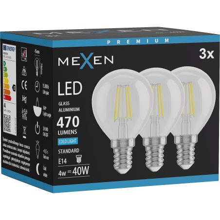 Mexen Vintis 3x LED Filament Bulb E14, G45, 4W, Cool - 6500K, 470 lm, clear - L156-E14-0465-00x03