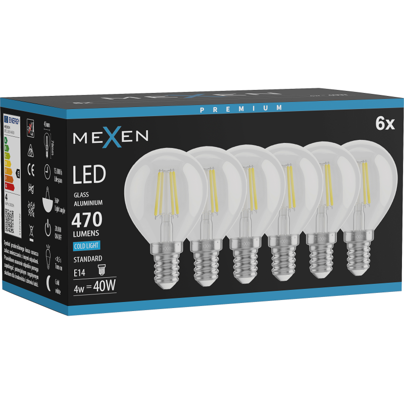 Mexen Vintis 6x LED Filament Bulb E14, G45, 4W, Cool - 6500K, 470 lm, clear - L156-E14-0465-00x06
