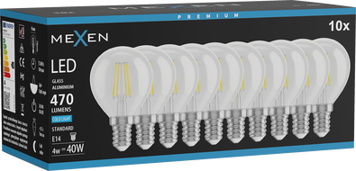 Mexen Vintis 10x LED Filament Bulb E14, G45, 4W, Cold - 6500K, 470 lm, Clear - L156-E14-0465-00x10