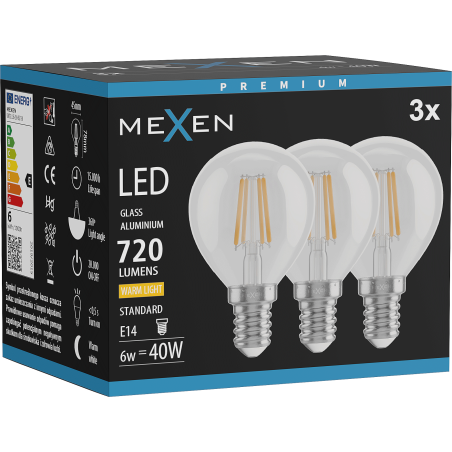 Mexen Vintis 3x LED Filament Bulb E14, G45, 6W, Warm - 2700K, 720 lm, clear - L156-E14-0627-00x03