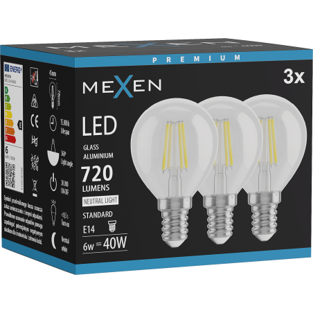 Mexen Vintis 3x LED Filament Bulb E14, G45, 6W, Neutral - 4000K, 720 lm, clear - L156-E14-0640-00x03