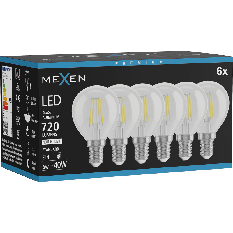 Mexen Vintis 6x LED Filament Bulb E14, G45, 6W, Neutral - 4000K, 720 lm, clear - L156-E14-0640-00x06