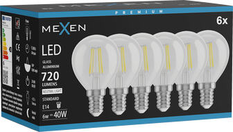 Mexen Vintis 6x LED Filament Bulb E14, G45, 6W, Neutral - 4000K, 720 lm, clear - L156-E14-0640-00x06
