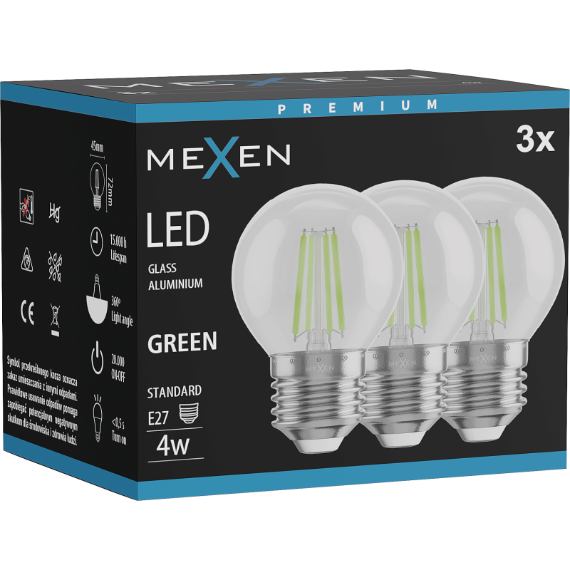 Mexen Vintis 3x LED Filament Bulb E27, G45, 4W, 55 lm, green - L156-E27-04XX-46x03