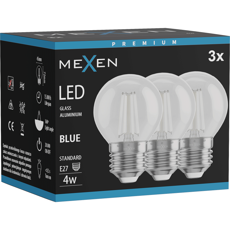 Mexen Vintis 3x LED Filament Bulb E27, G45, 4W, 55 lm, blue - L156-E27-04XX-47x03