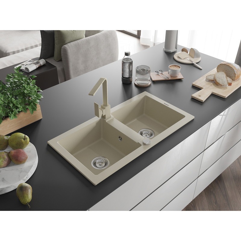 Mexen Mario granite double-bowl kitchen sink with Rita faucet, beige - 6504-69-670300-69