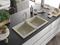 Mexen Mario granite sink 2-bowl with Rita kitchen tap, beige - 6504-69-670300-69