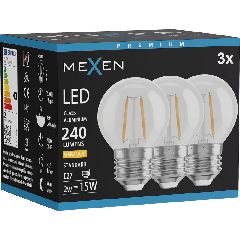 Mexen Vintis 3x LED Filament Bulb E27, G45, 2W, Warm - 2700K, 240 lm, clear - L156-E27-0227-00x03