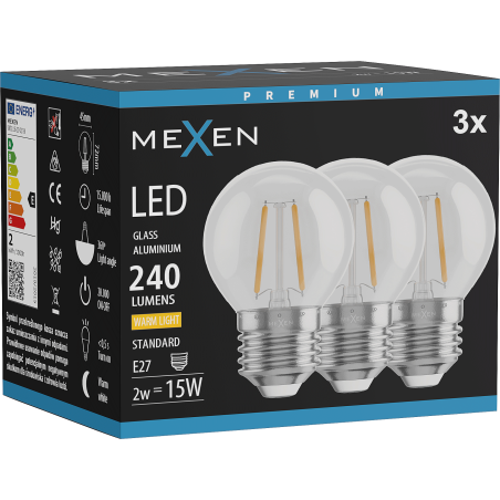 Mexen Vintis 3x LED Filament Bulb E27, G45, 2W, Warm - 2700K, 240 lm, clear - L156-E27-0227-00x03