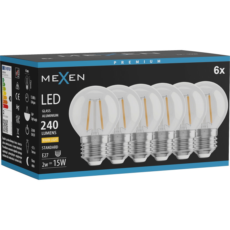 Mexen Vintis 6x LED Filament Bulb E27, G45, 2W, Warm - 2700K, 240 lm, clear - L156-E27-0227-00x06
