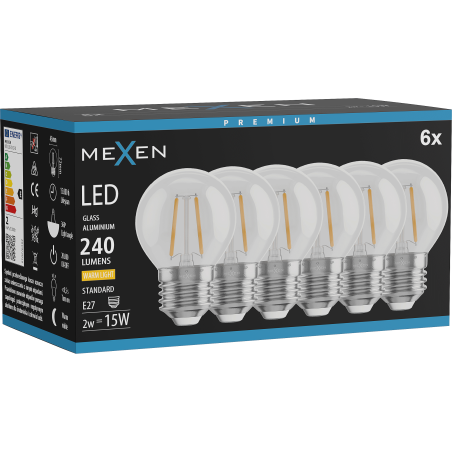 Mexen Vintis 6x LED Filament Bulb E27, G45, 2W, Warm - 2700K, 240 lm, clear - L156-E27-0227-00x06