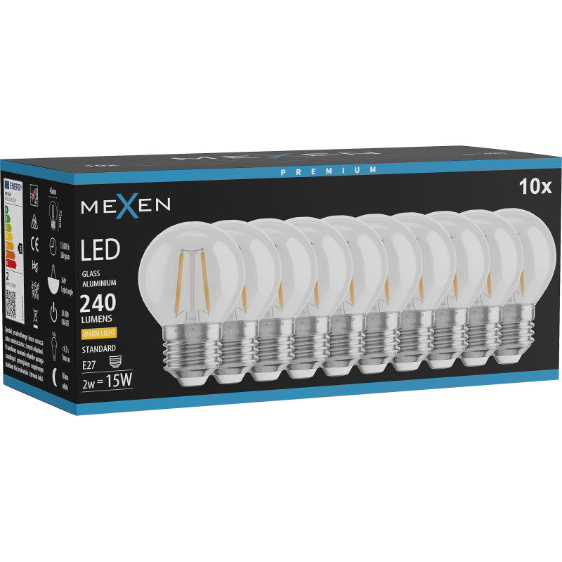Mexen Vintis 10x LED Filament Bulb E27, G45, 2W, Warm - 2700K, 240 lm, clear - L156-E27-0227-00x10