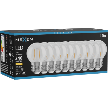 Mexen Vintis 10x LED Filament Bulb E27, G45, 2W, Warm - 2700K, 240 lm, clear - L156-E27-0227-00x10