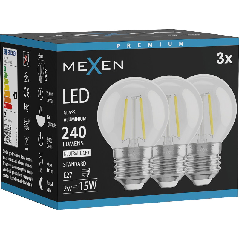 Mexen Vintis 3x Filament LED Bulb E27, G45, 2W, Neutral - 4000K, 240 lm, clear - L156-E27-0227-00x03 - L156-E27-0240-00x03