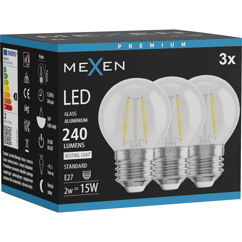 Mexen Vintis 3x LED filament bulb E27, G45, 2W, Neutral - 4000K, 240 lm, clear - L156-E14-0227-00x03 - L156-E27-0240-00x03