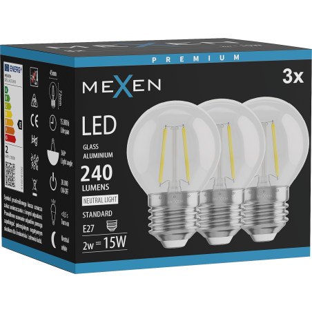 Mexen Vintis 3x LED filament bulb E27, G45, 2W, Neutral - 4000K, 240 lm, clear - L156-E14-0227-00x03 - L156-E27-0240-00x03