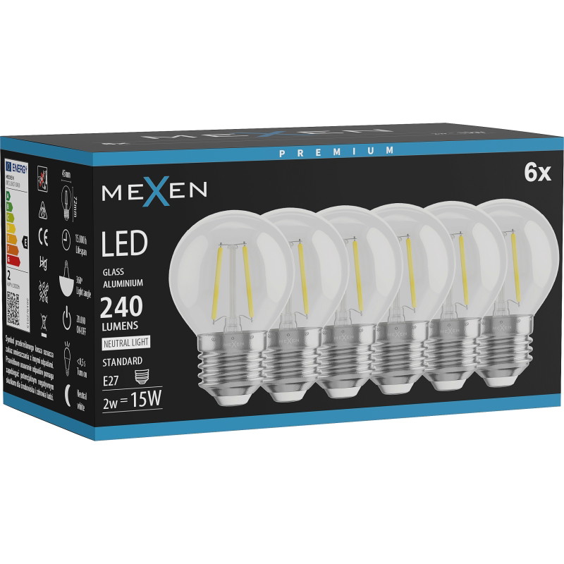 Mexen Vintis 6x LED Filament Bulb E27, G45, 2W, Neutral - 4000K, 240 lm, clear - L156-E27-0227-00x06 - L156-E27-0240-00x06