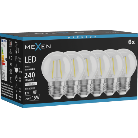 Mexen Vintis 6x LED Filament Bulb E27, G45, 2W, Neutral - 4000K, 240 lm, clear - L156-E14-0227-00x06 - L156-E27-0240-00x06