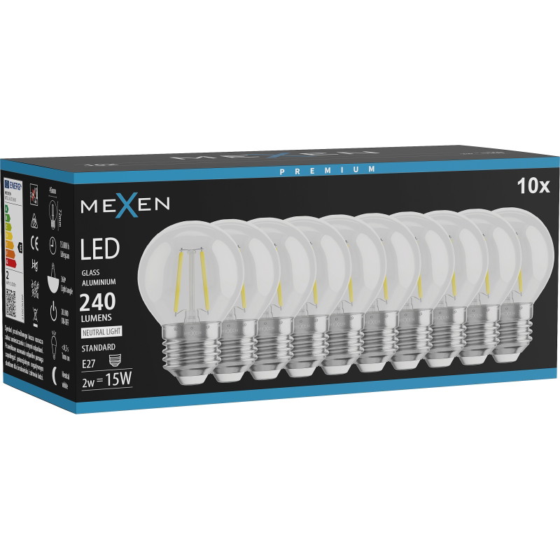 Mexen Vintis 10x LED Filament Bulb E27, G45, 2W, Neutral - 4000K, 240 lm, clear - L156-E27-0227-00x10 - L156-E27-0240-00x10