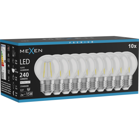 Mexen Vintis 10x LED Filament Bulb E27, G45, 2W, Neutral - 4000K, 240 lm, clear - L156-E14-0227-00x10 - L156-E27-0240-00x10