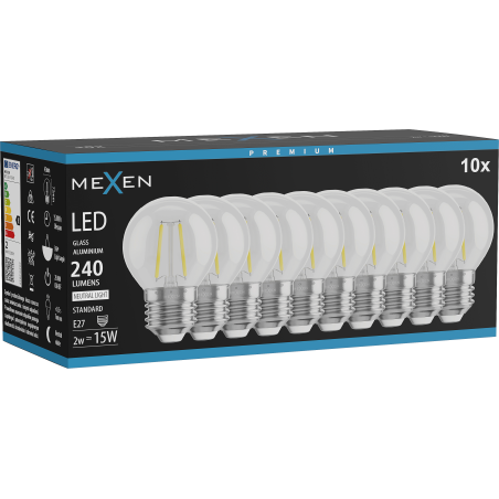 Mexen Vintis 10x LED Filament Bulb E27, G45, 2W, Neutral - 4000K, 240 lm, clear - L156-E27-0227-00x10 - L156-E27-0240-00x10