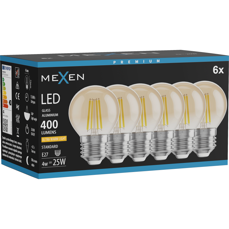 Mexen Vintis 6x Filament LED Bulb E27, G45, 4W, Warm - 2200K, 400 lm, amber - L156-E27-0422-50x06