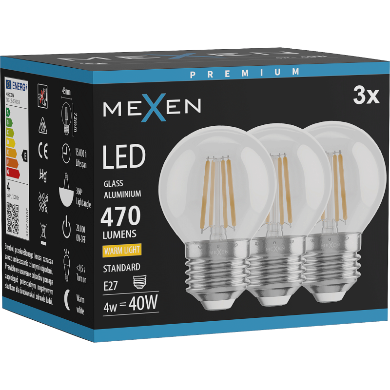 Mexen Vintis 3x LED filament bulb E27, G45, 4W, Warm - 2700K, 470 lm, clear - L156-E27-0427-00x03