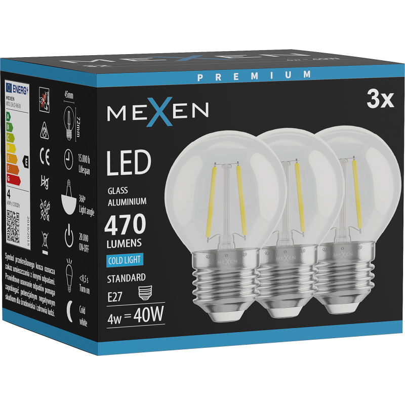 Mexen Vintis 3x LED filament bulb E27, G45, 4W, Cold - 6500K, 470 lm, clear - L156-E27-0465-00x03