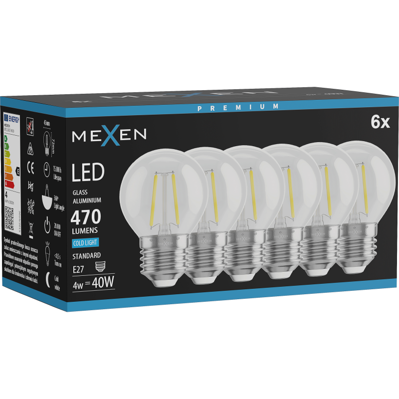 Mexen Vintis 6x LED Filament Bulb E27, G45, 4W, Cold - 6500K, 470 lm, clear - L156-E27-0465-00x06