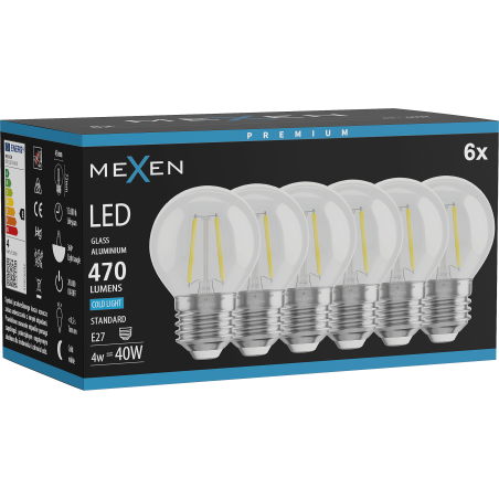 Mexen Vintis 6x LED Filament Bulb E27, G45, 4W, Cold - 6500K, 470 lm, clear - L156-E27-0465-00x06