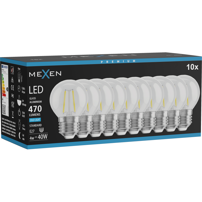 Mexen Vintis 10x LED Filament Bulb E27, G45, 4W, Cool - 6500K, 470 lm, clear - L156-E27-0465-00x10