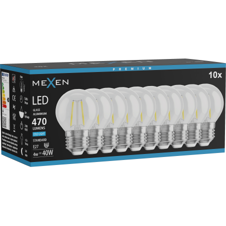 Mexen Vintis 10x LED Filament Bulb E27, G45, 4W, Cool - 6500K, 470 lm, clear - L156-E27-0465-00x10