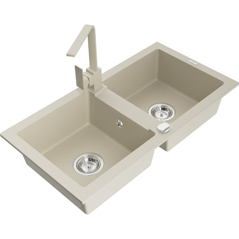 Mexen Mario granite sink 2-bowl with Rita kitchen tap, beige - 6504-69-670300-69