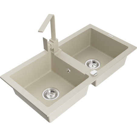 Mexen Mario granite sink 2-bowl with Rita kitchen tap, beige - 6504-69-670300-69