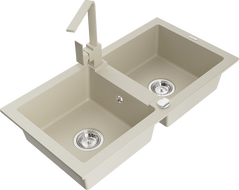 Mexen Mario granite sink 2-bowl with Rita kitchen tap, beige - 6504-69-670300-69