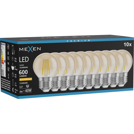 Mexen Vintis 10x LED Filament Bulb E27, G45, 6W, Warm - 2200K, 600 lm, amber - L156-E27-0622-50x10