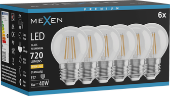 Mexen Vintis 6x LED Filament Bulb E27, G45, 6W, Warm - 2700K, 720 lm, Clear - L156-E27-0627-00x06
