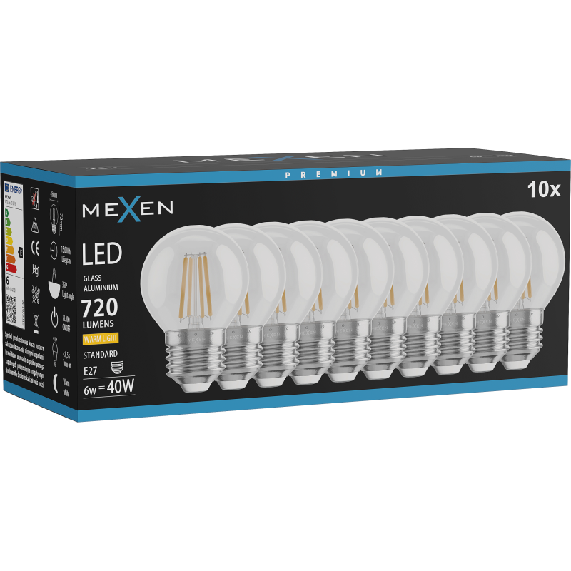 Mexen Vintis 10x LED Filament Bulb E27, G45, 6W, Warm - 2700K, 720 lm, clear - L156-E27-0627-00x10
