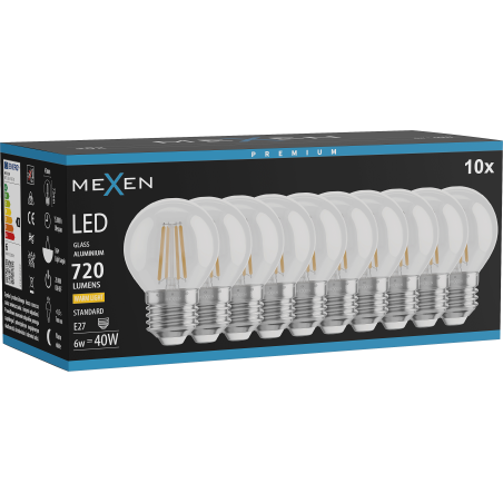 Mexen Vintis 10x LED Filament Bulb E27, G45, 6W, Warm - 2700K, 720 lm, clear - L156-E27-0627-00x10
